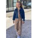 Kız Çocuk Kot Ceket Ve Boydan Üzeri Dantel İşlemeli Transparan İçi Astarlı Krem Tulum