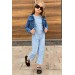 Kız Çocuk Kot Ceket Ve Boydan Üzeri Dantel İşlemeli Transparan İçi Astarlı Mavi Tulum
