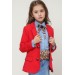 Kız Çocuk Leopar Desenli Fiyonk Detaylı Kot Gömlek Kırmızı Blazer Ceket Etekli Takım