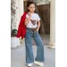 Kız Çocuk Leopar Yazı Ve Digital Baskılı Tişört Bol Kesim Pantolon Kırmızı Blazer Ceket Alt Üst Takım