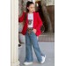 Kız Çocuk Leopar Yazı Ve Digital Baskılı Tişört Bol Kesim Pantolon Kırmızı Blazer Ceket Alt Üst Takım
