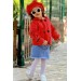 Kız Çocuk Nakış İşlemeli Polar Ceket Ve Kot Kırmızı Etekli Takım