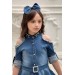 Kız Çocuk Omuzu Ve Yakası Taş İşlemeli Lacivert Kot Elbise