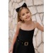 Kız Çocuk Omuzu Zincir Askılı Kemer Detaylı Siyah Elbise