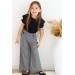 Kız Çocuk Omzu Kat Fırfırlı Bluz Fitilli Dokuma Kareli Bol Paça Siyah Pantolon Alt Üst Takım