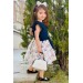 Kız Çocuk Önü Düğme Detaylı Gül Baskılı Fırfır Kollu Eteği Kabarık Lacivert Elbise 2-10Yaş