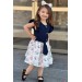 Kız Çocuk Önü Düğme Detaylı Gül Baskılı Fırfır Kollu Eteği Kabarık Lacivert Elbise 2-10Yaş