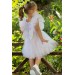 Kız Çocuk Sıfır Kol Simli Fiyonk Detaylı Tüllü Beyaz Elbise