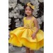 Kız Çocuk Simli Fiyonk Detaylı Kat Kat Tüllü Sarı Abiye