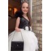 Kız Çocuk Tek Omuz Üstü Pulpayet İşlemeli Önü Çiçekli Tül Tül Siyah Beyaz Elbise