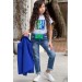 Kız Çocuk Üzeri Harf Pulpayet Tişört Ve Jean Saks Mavisi Blazer Ceket Alt Üst Takım