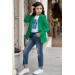 Kız Çocuk Üzeri Harf Pulpayet Tişört Ve Jean Yeşil Blazer Ceket Alt Üst Takım