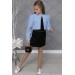 Kız Çocuk Üzeri Taş İşlemeli Etek Askılı Penye Bluz Ve Mavi Blazer Ceket Etekli Takım