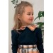 Kız Çocuk Yakası Ekose Desenli Bluz, Pileli Turuncu Etekli Takım