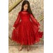 Kız Çocuk Yakası Fırfırlı Transparan Detaylı Desenli Kırmızı Elbise 6-9Yaş