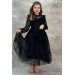 Kız Çocuk Yakası Fırfırlı Transparan Detaylı Desenli Siyah Elbise 6-9 Yaş