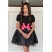 Kız Çocuk Yakası İnci Ve Eteği Simli Puantiye Detaylı Siyah Elbise