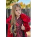 Kız Çocuk Yakası Kürklü Deri Detaylı Peluş Ceket Ve Desenli Kırmızı Elbise