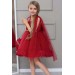 Kız Çocuk Yakası Transparan Detaylı 3D Çiçek İşlemeli Kırmızı Elbise
