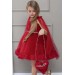 Kız Çocuk Yakası Transparan Detaylı 3D Çiçek İşlemeli Kırmızı Elbise