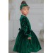 Kız Çocuk Yakası Transparan, Kolu Ve Beli İnci Detaylı Yeşil Kadife Elbise