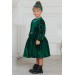 Kız Çocuk Yakası Transparan, Kolu Ve Beli İnci Detaylı Yeşil Kadife Elbise