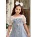 Kız Çocuk Yakası Ve Kolları Transparan Dantel İşlemeli Balon Kollu Kot Elbise