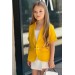Kız  Çocuk Yarım Kollu Blazer Ceket Güpür Desenli İp Askılı Bluz Sarı Şortlu Takım