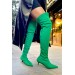 Markano Belenda Yeşil Mat Streç Diz Üstü Kadın Topuklu Çizme