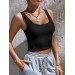 Liona Kadın Kare Yaka Siyah Slim Fit Crop Top Bluz