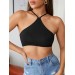 Liona Kadın Siyah Renk Sırtı Açık Bağcıklı Sütyen Stil Super Crop Halter Bluz