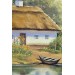 Göl Manzaralı Köy Evi Yağlıboya Görünüm Dekoratif Kanvas Duvar Tablosu Karışık 50 X 50