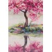 Gölde Sakura Ağacı Yağlıboya Görünüm Kanvas Duvar Tablosu Karışık 150 X 85