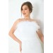 Neşeli Butik Kadın Beyaz Tüy Detaylı Straplez Abiye Elbise Nbs003 