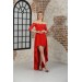 Neşeli Butik Kadın Kırmızı Carmen Yaka Arkası Uzun Abiye Elbise Swll02 