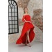 Neşeli Butik Kadın Kırmızı Carmen Yaka Arkası Uzun Abiye Elbise Swll02 