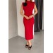 Neşeli Butik Kadın Kırmızı Gül Broş Detaylı Vatkalı Uzun Elbise Nbk2089 