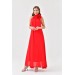 Neşeli Butik Kadın Kırmızı Şifon Gül Detaylı Uzun Abiye Elbise Nbs9351 