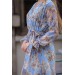 Neşeli Butik Kadın Mavi Kruvaze Yaka Çiçek Desenli Midi Elbise Rssn29 