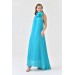 Neşeli Butik Kadın Mavi Şifon Gül Detaylı Uzun Abiye Elbise Nbs9351 