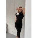 Neşeli Butik Kadın Siyah Gül Broş Detaylı Vatkalı Uzun Elbise Nbk2089 