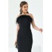 Neşeli Butik Kadın Siyah Tüy Detaylı Straplez Abiye Elbise Nbs003 