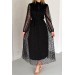 Neşeli Butik Kadın Siyah Yakası Bağlama Detaylı Kuşaklı Tül Elbise Nbk2066 