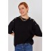 Kadın Siyah Omuzu Düğme Detaylı Örme Oversize Tshirt