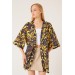 Sarı Siyah Kahve Yaprak Desenli Kimono Ceket