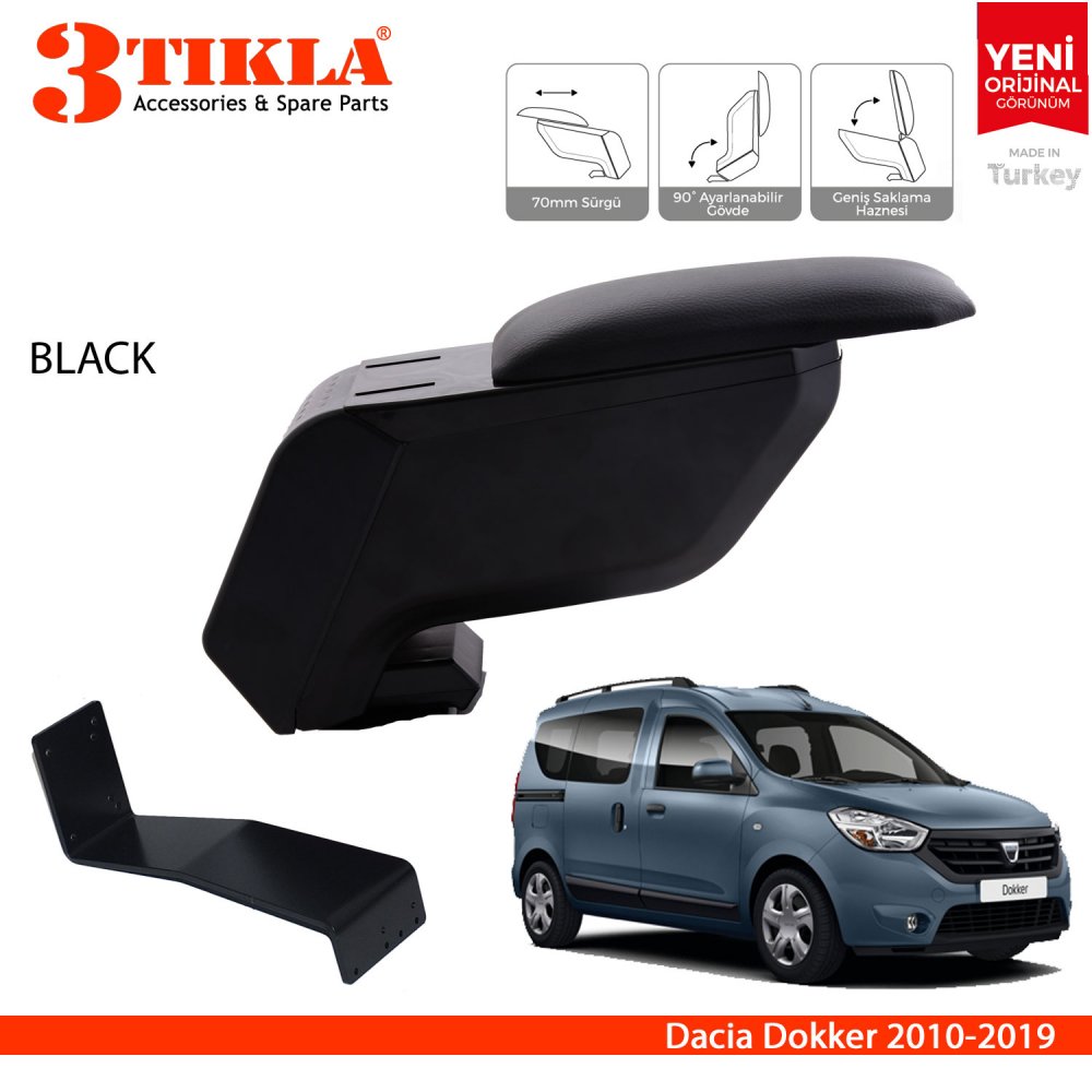 3 Tıkla Dacia Dokker 2010-2019 Delmesiz Çelik Ayaklı Siyah Kolçak Kol Dayama