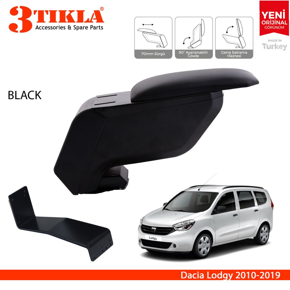 3 Tıkla Dacia Lodgy 2010-2019 Delmesiz Çelik Ayaklı Siyah Kolçak Kol Dayama
