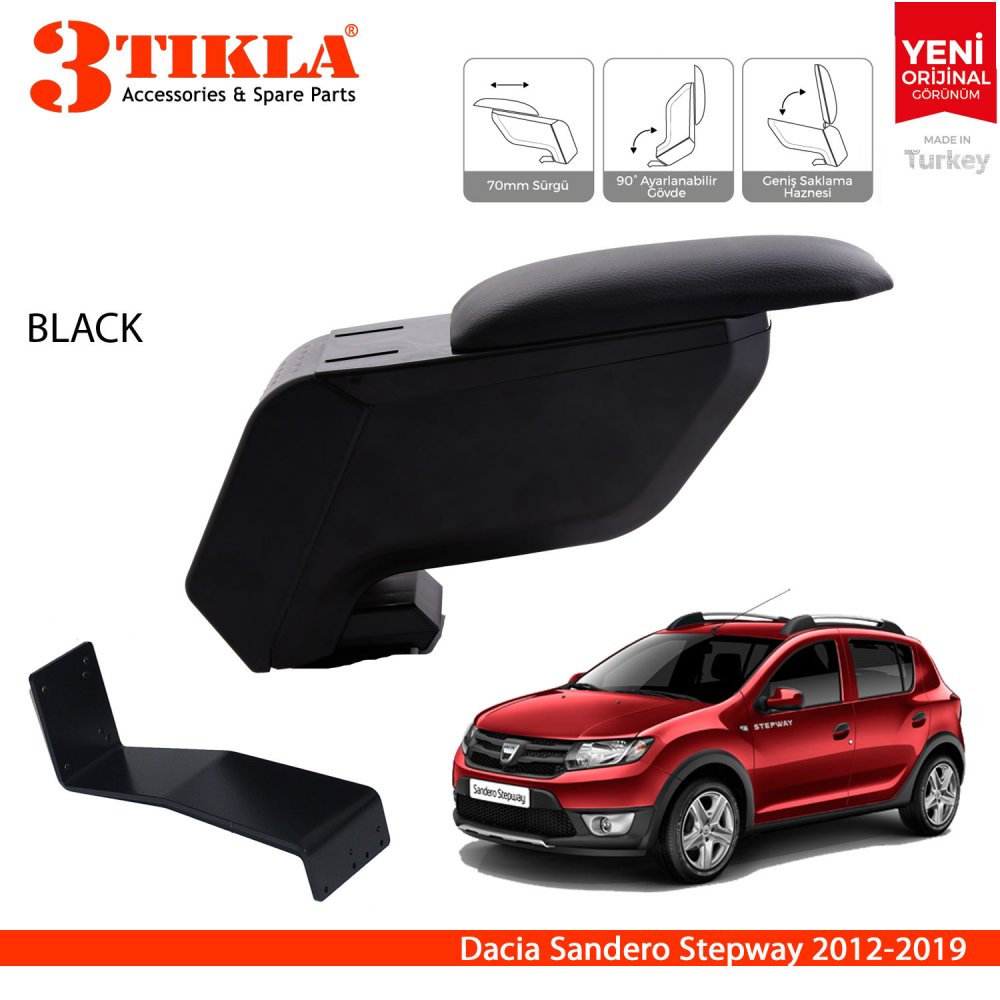 3 Tıkla Dacia Sandero Stepway 2008-2012 Delmesiz Çelik Ayaklı Siyah Kolçak Kol Dayama