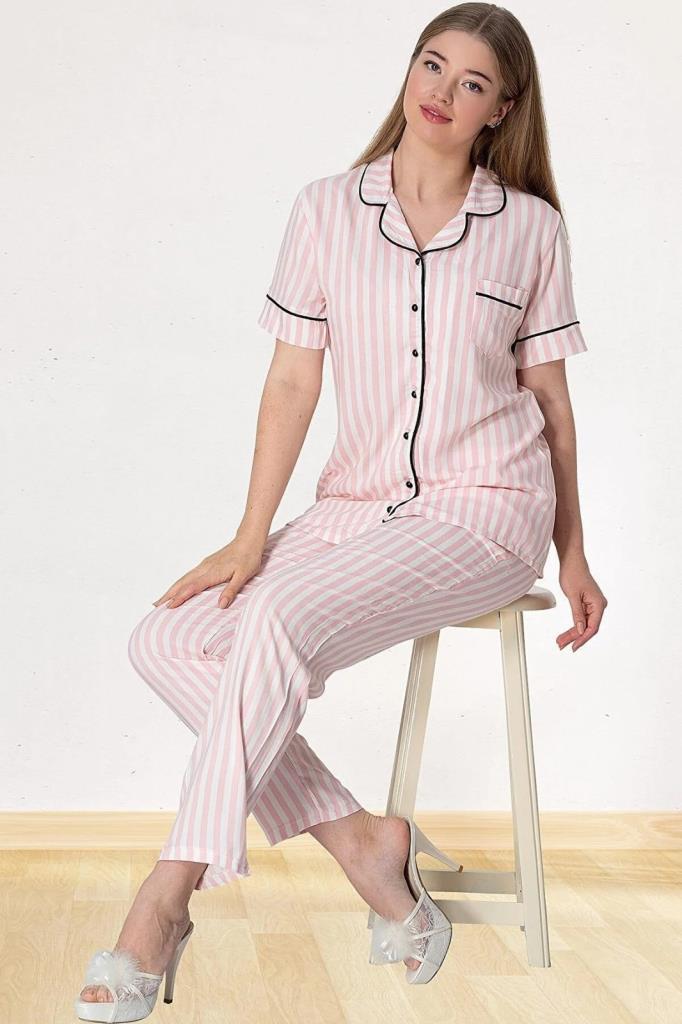 Mecit  5150  Pembe Çizgili Pamuk Saten Önden Düğmeli Kadın Pijama Takımı