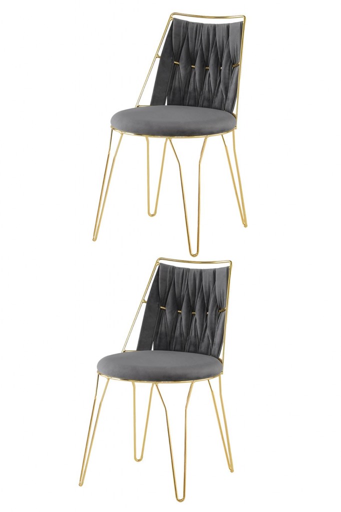 2 Adet Ada Örgülü  Sandalye Gri Metal Gold  Mutfak Salon Yemek Odası Sandalyesi
